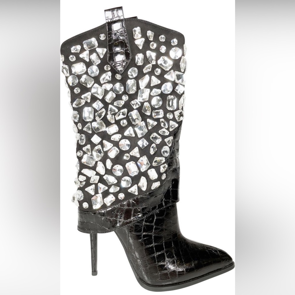 NEW Azalea Wang LeBlanc Stiletto Jeweled Western Bootie - Picture 2 of 10